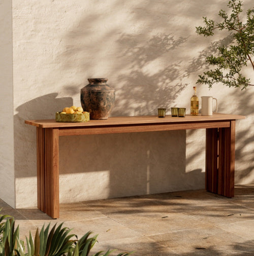 Chapman Outdoor Console Table Natural Teak-FSC Staged View Four Hands