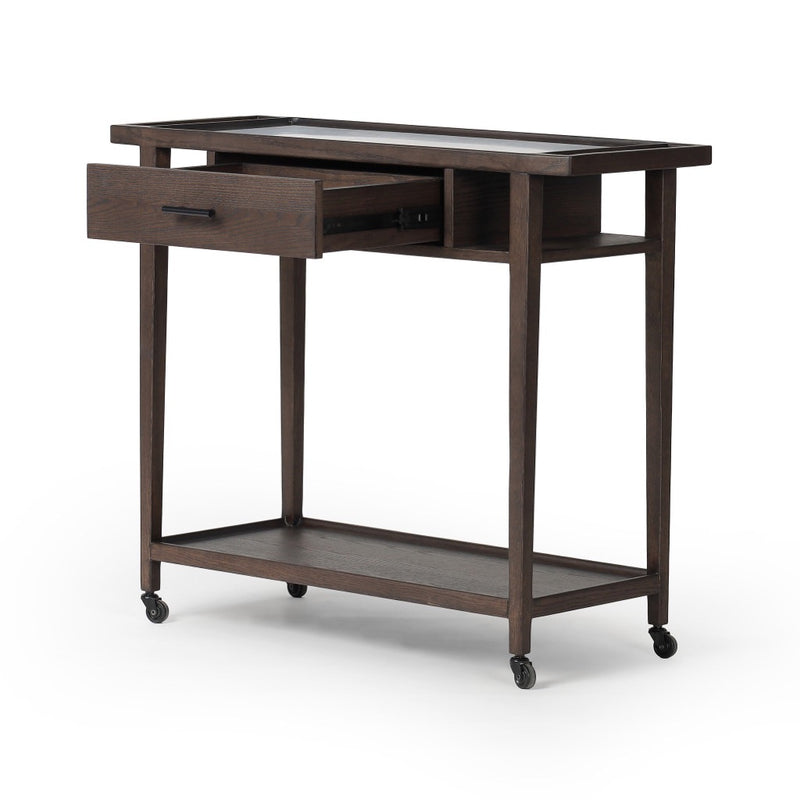 Dorrit Bar Cart Brown Oak Angled View Open Drawer 245352-001