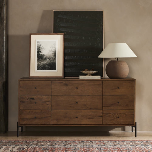 Eaton 9 Drawer Dresser Amber Oak Resin Staged View Four Hands