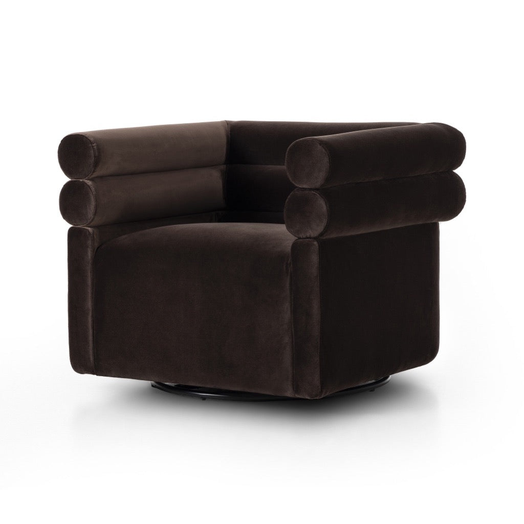 Evie Swivel Chair Surrey Cocoa Angled View Four Hands