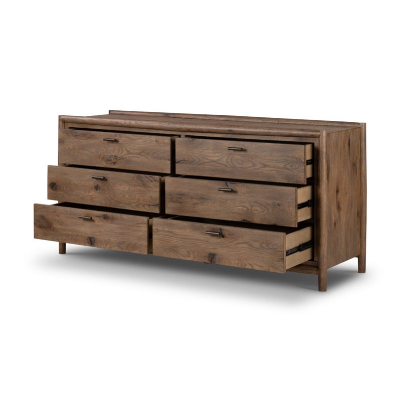 Glenview 6 Drawer Dresser Weathered Oak Veneer Angled View Open Drawers 236472-001