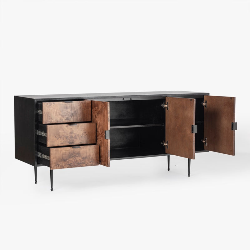 Co.House Designs Gregory Burl Buffet Dark Brown Angled View Open Drawers