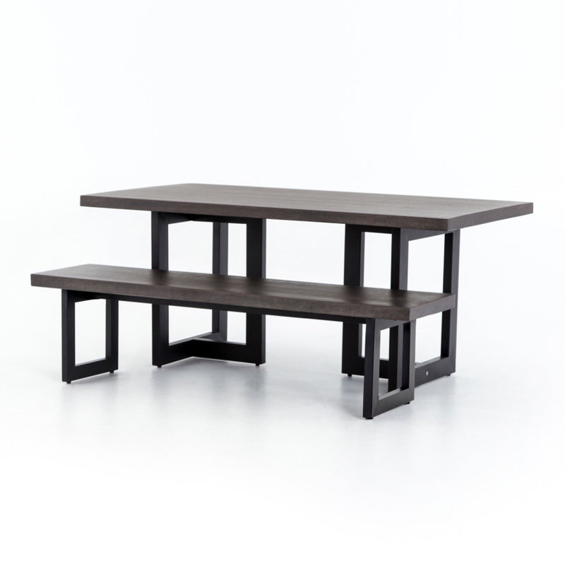 Judith Outdoor Dining Table Black Lavastone Angled View with Matching Bench VCNS-F045