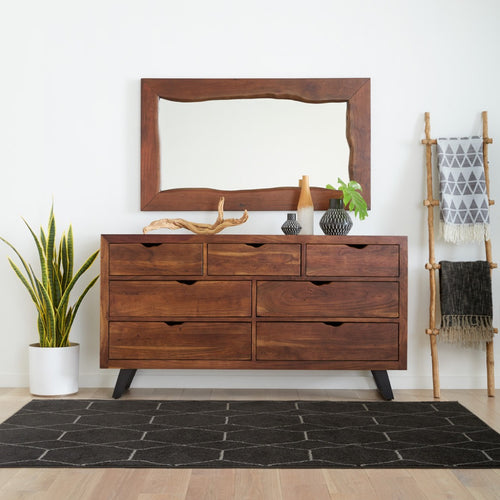 Home Trends & Design London Loft Mirror Walnut Staged View Above Dresser