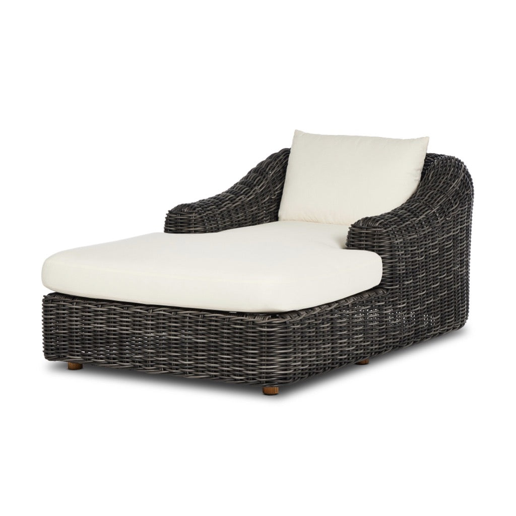 Messina Outdoor Chaise Lounge Chunky Charcoal Woven Angled View Four Hands