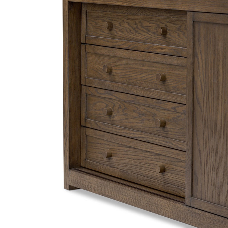 Miko Bookcase Fawn Oak Angled Drawers Four Hands