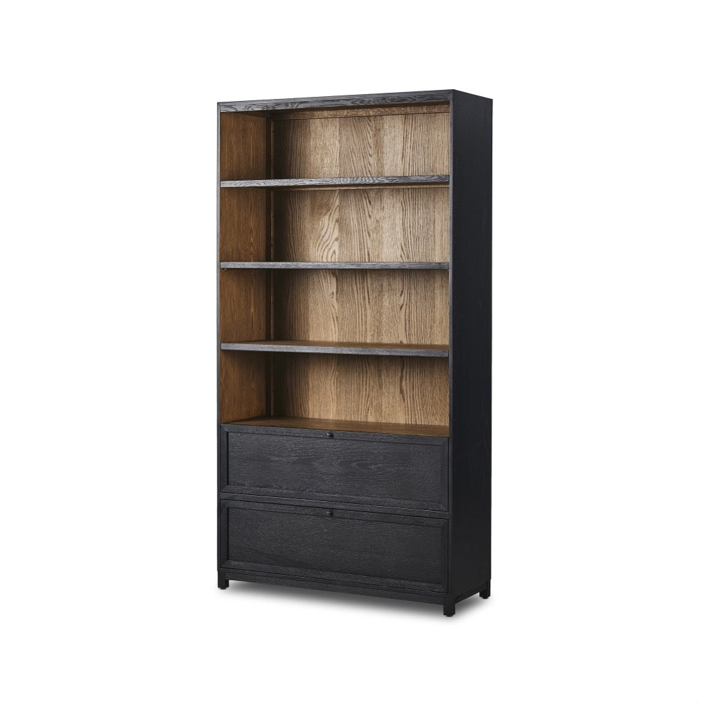 Millie Bookcase Drifted Matte Black angled View Four Hands