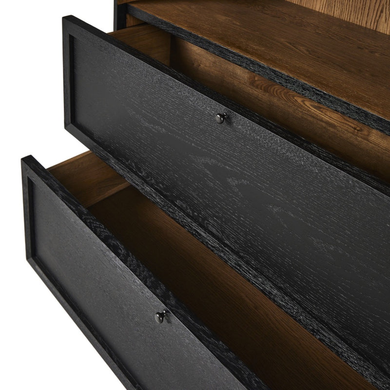 Millie Bookcase Drifted Matte Black Open Drawers Four Hands