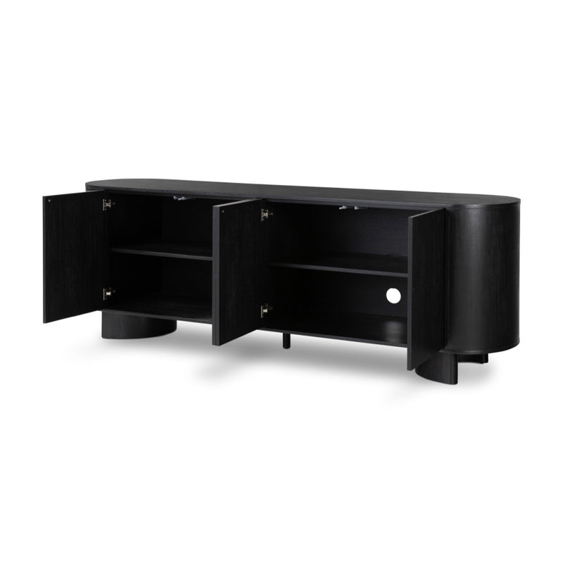 Four HandsPaden Sideboard Aged Black Acacia Angled View Open Cabinets