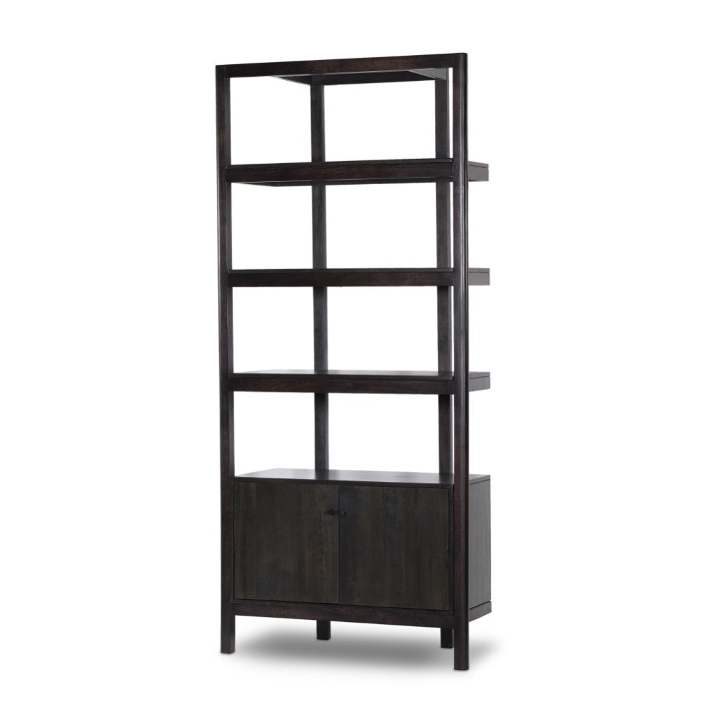 Reza Bookcase Worn Black Acacia Angled View 239791-002