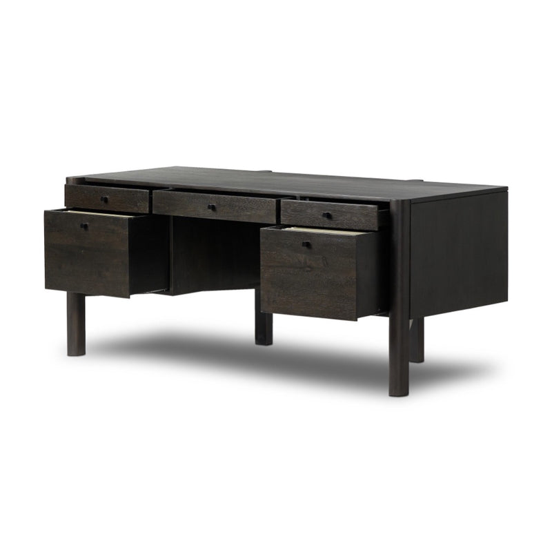 Reza Desk Worn Black Parawood Angled View Open Drawers Four Hands