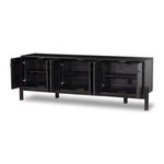 Reza Media Console Worn Black Parawood Angled View Open Doors 108962-003