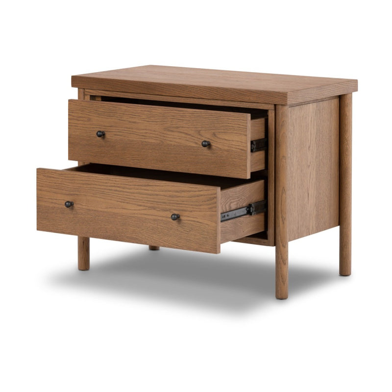 Roark Nightstand Amber Oak Veneer Angled View Open Drawers Four Hands