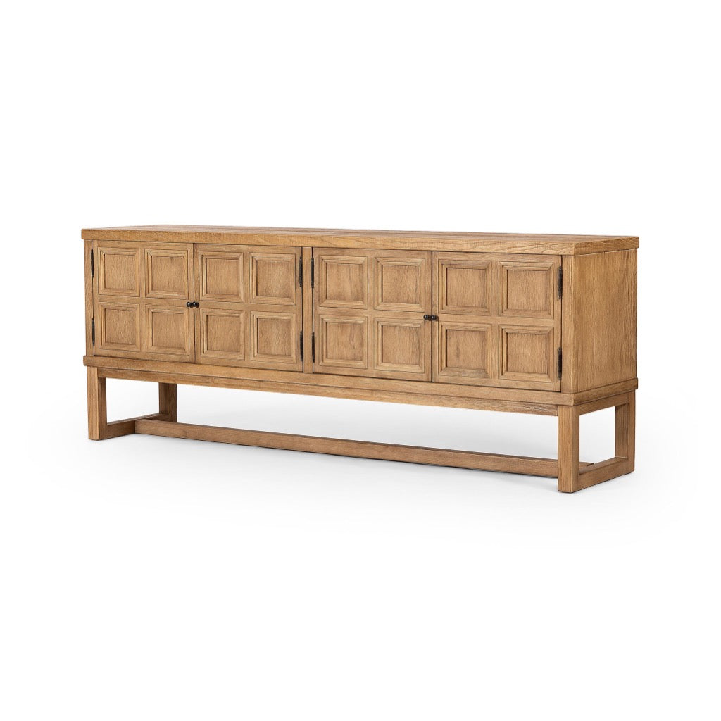 Tamara Media Console Worn Oak Veneer Angled View 243664-001