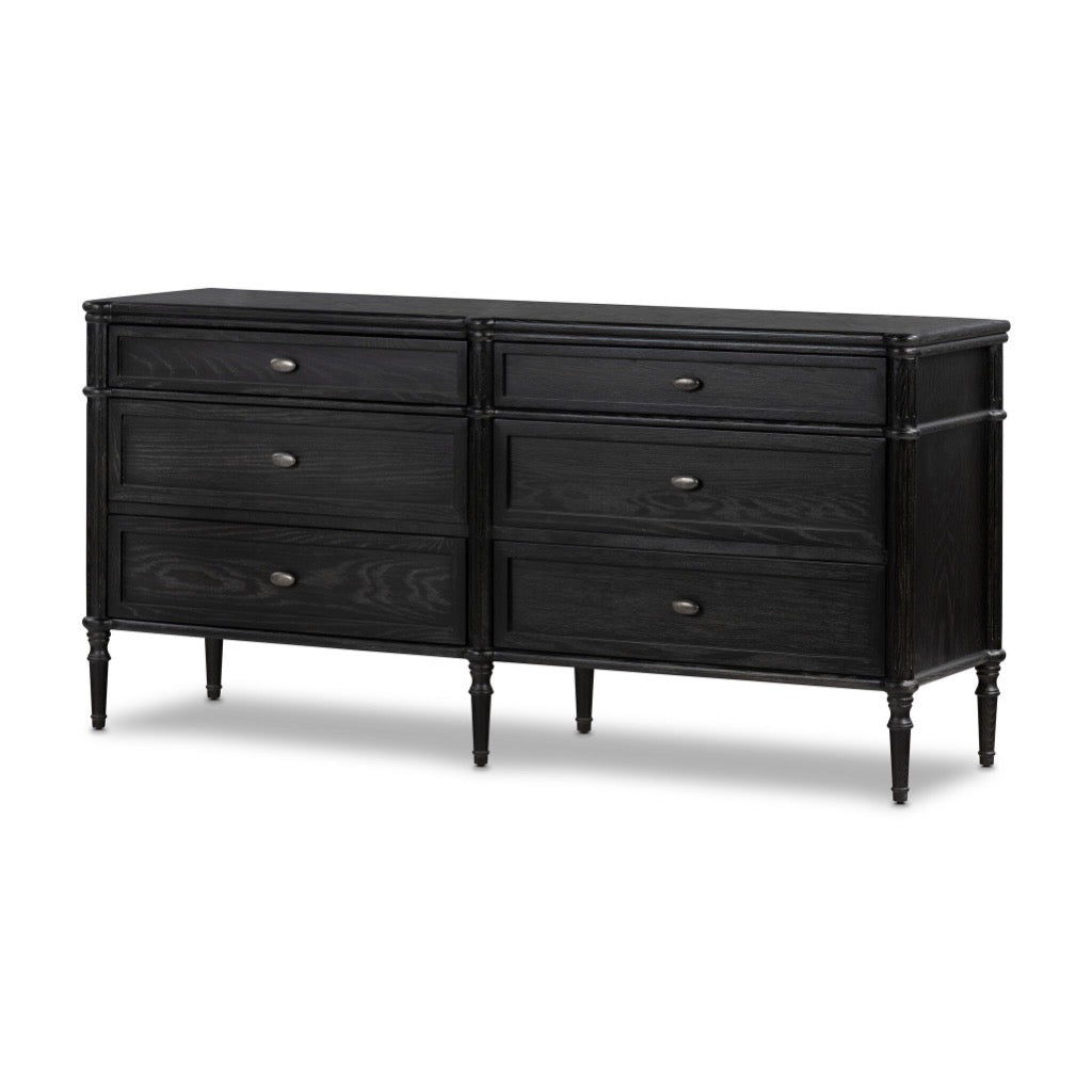 Toulouse 6 Drawer Dresser Distressed Black Oak Angled View Four Hands