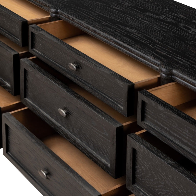 Toulouse 9 Drawer Dresser Distressed Black Oak Open Drawers 232860-002