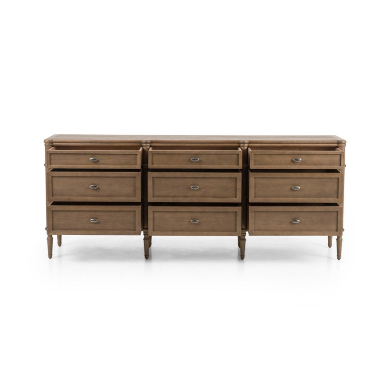 Four Hands Toulouse 9 Drawer Dresser Toasted Oak Front Facing Open Drawers