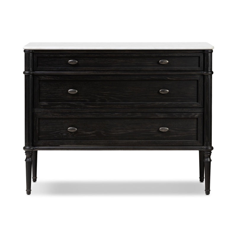 Toulouse Chest Distressed Black w/ Polished White Marble Front Facing View 238119-002