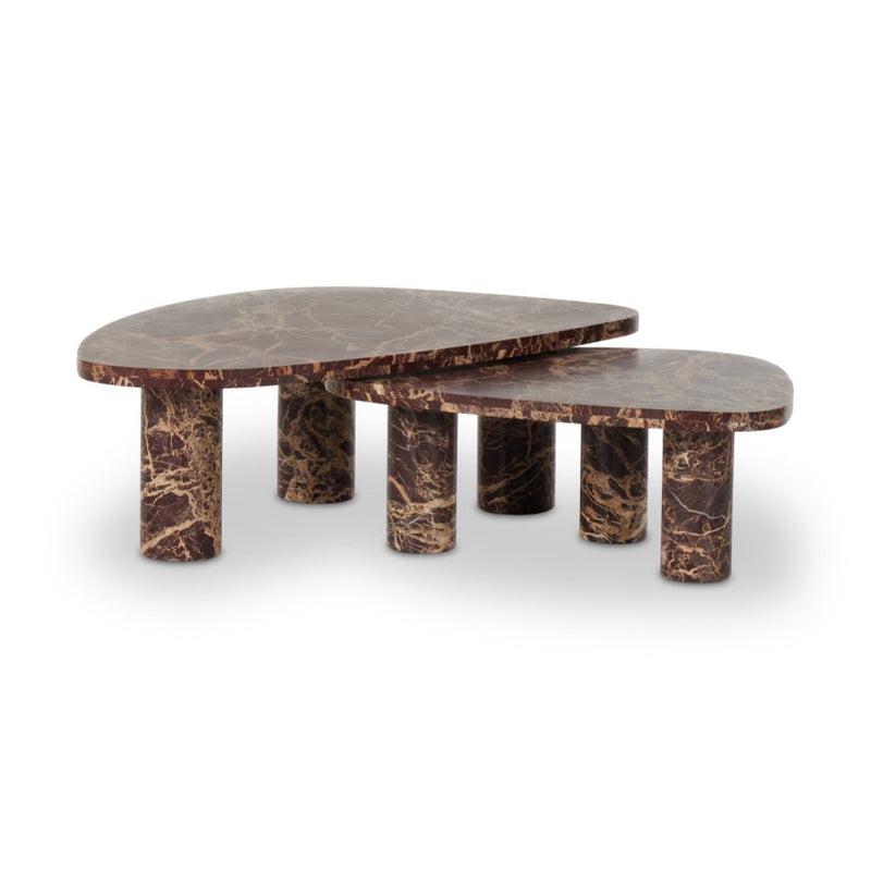 Zion Coffee Table Set Merlot Marble Angled View Four Hands